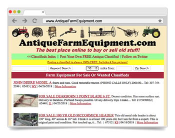 Antique Farm Equipment is a FREE Online Classified Ads Site to BUY or SELL your Antique and Collectible Farm Equipment